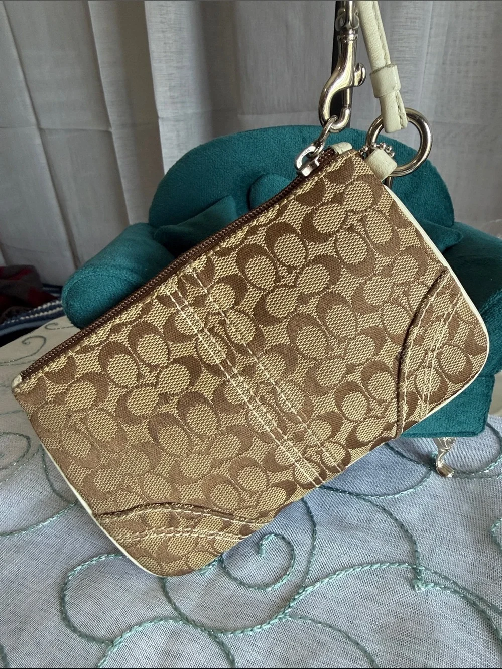 Coach Brown and Cream Signature Canvas Wristlet with Ivory Strap